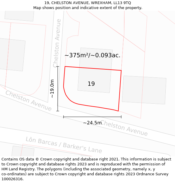 19, CHELSTON AVENUE, WREXHAM, LL13 9TQ: Plot and title map