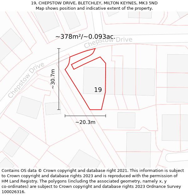 19, CHEPSTOW DRIVE, BLETCHLEY, MILTON KEYNES, MK3 5ND: Plot and title map