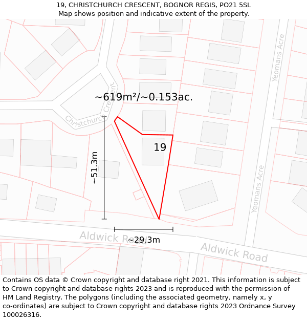 19, CHRISTCHURCH CRESCENT, BOGNOR REGIS, PO21 5SL: Plot and title map