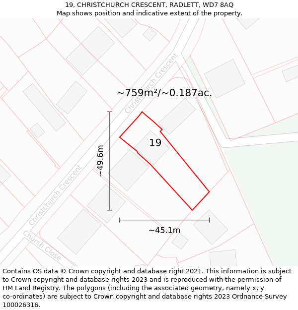 19, CHRISTCHURCH CRESCENT, RADLETT, WD7 8AQ: Plot and title map