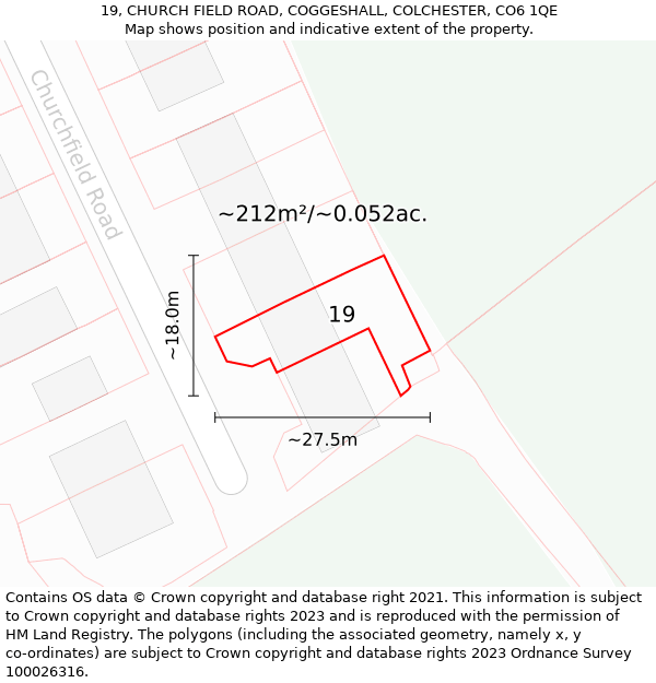 19, CHURCH FIELD ROAD, COGGESHALL, COLCHESTER, CO6 1QE: Plot and title map