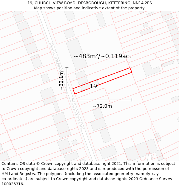 19, CHURCH VIEW ROAD, DESBOROUGH, KETTERING, NN14 2PS: Plot and title map