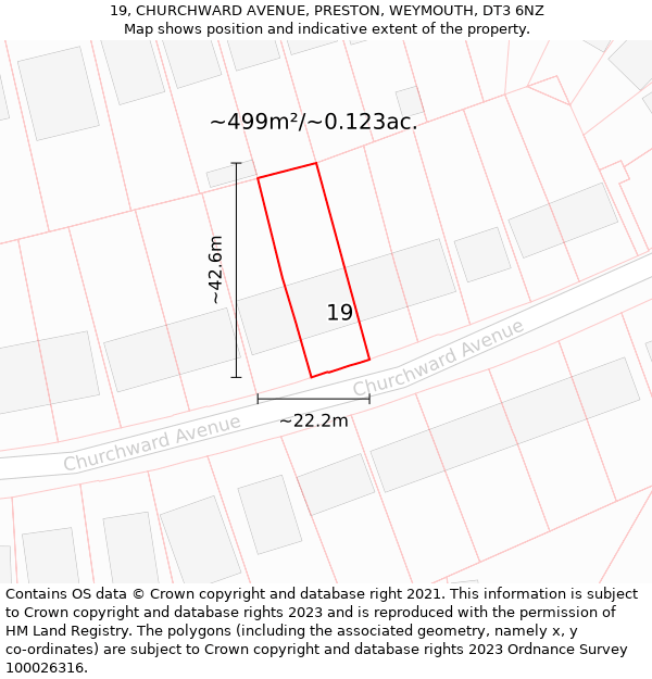 19, CHURCHWARD AVENUE, PRESTON, WEYMOUTH, DT3 6NZ: Plot and title map