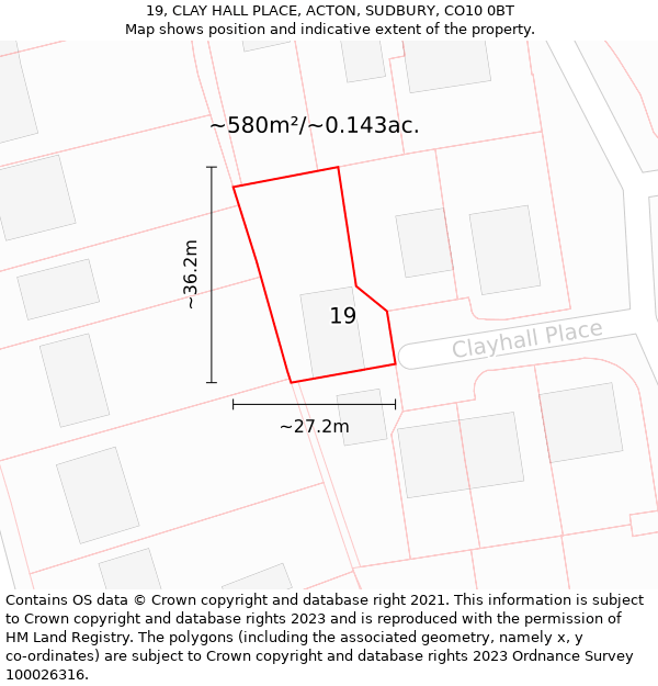 19, CLAY HALL PLACE, ACTON, SUDBURY, CO10 0BT: Plot and title map