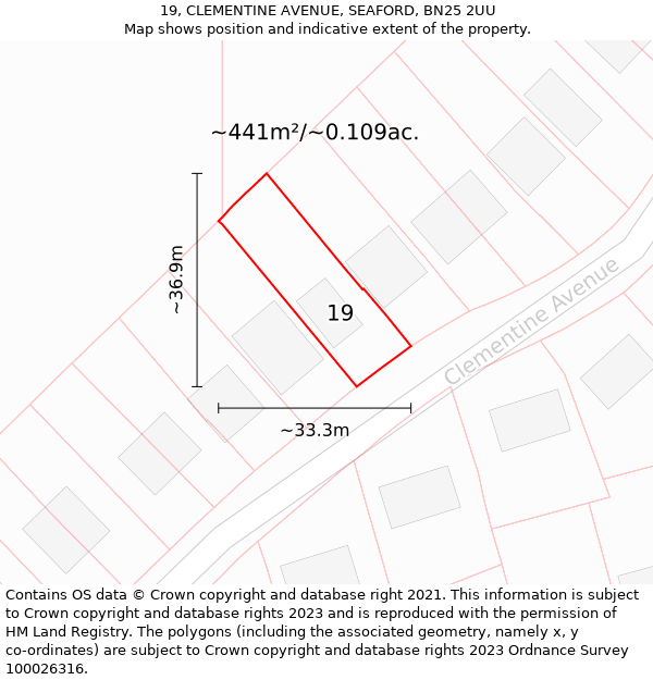 19, CLEMENTINE AVENUE, SEAFORD, BN25 2UU: Plot and title map