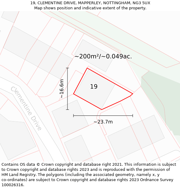 19, CLEMENTINE DRIVE, MAPPERLEY, NOTTINGHAM, NG3 5UX: Plot and title map