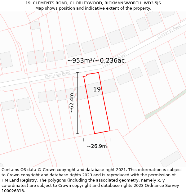 19, CLEMENTS ROAD, CHORLEYWOOD, RICKMANSWORTH, WD3 5JS: Plot and title map