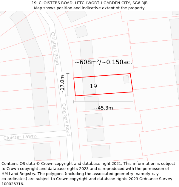 19, CLOISTERS ROAD, LETCHWORTH GARDEN CITY, SG6 3JR: Plot and title map