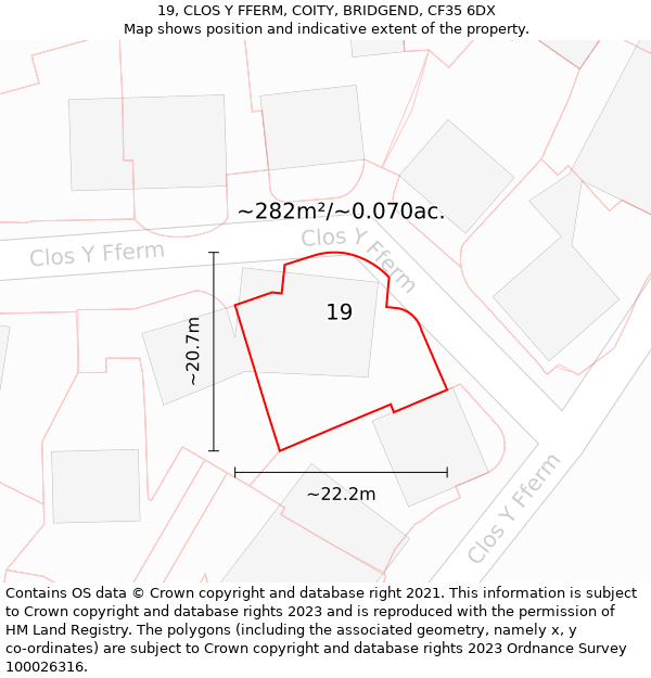 19, CLOS Y FFERM, COITY, BRIDGEND, CF35 6DX: Plot and title map