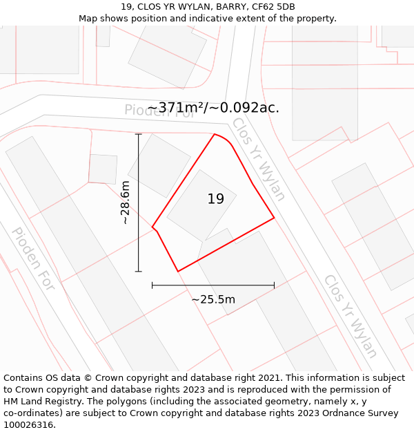 19, CLOS YR WYLAN, BARRY, CF62 5DB: Plot and title map