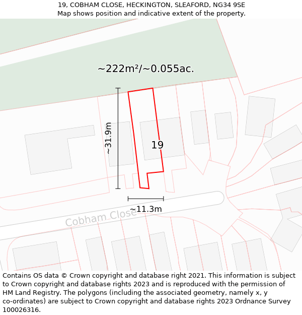 19, COBHAM CLOSE, HECKINGTON, SLEAFORD, NG34 9SE: Plot and title map