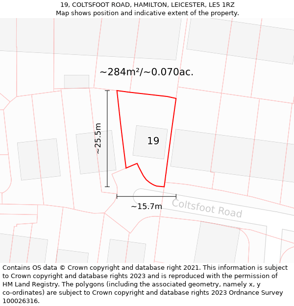 19, COLTSFOOT ROAD, HAMILTON, LEICESTER, LE5 1RZ: Plot and title map