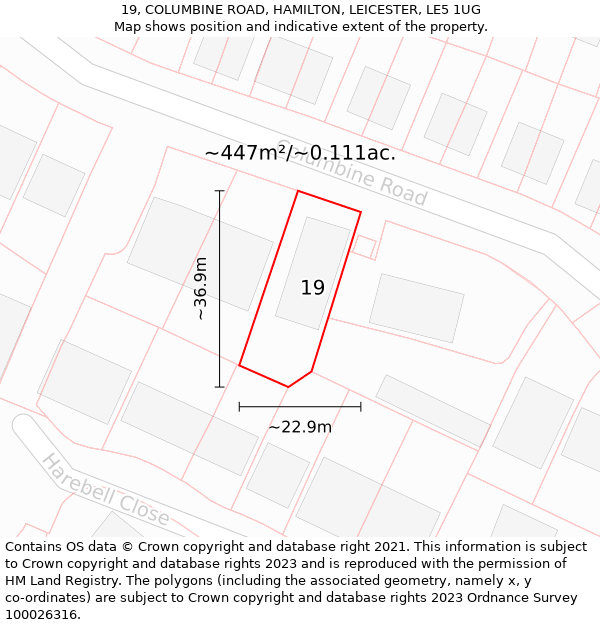 19, COLUMBINE ROAD, HAMILTON, LEICESTER, LE5 1UG: Plot and title map