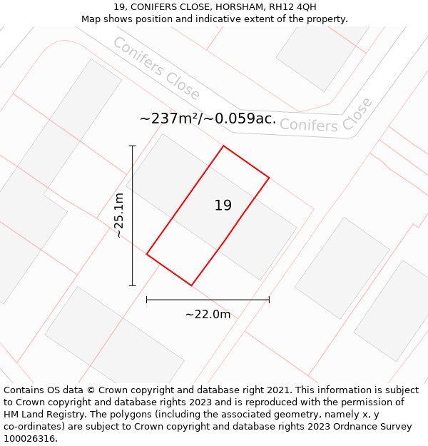 19, CONIFERS CLOSE, HORSHAM, RH12 4QH: Plot and title map