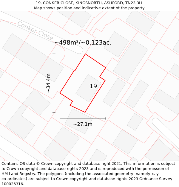 19, CONKER CLOSE, KINGSNORTH, ASHFORD, TN23 3LL: Plot and title map