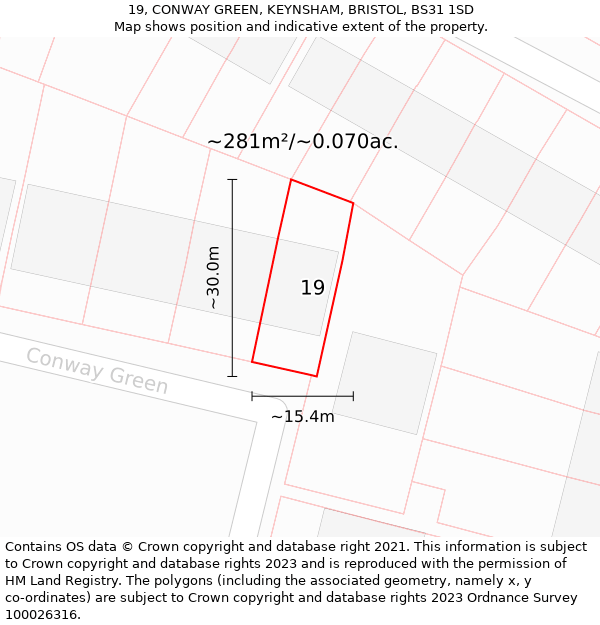 19, CONWAY GREEN, KEYNSHAM, BRISTOL, BS31 1SD: Plot and title map