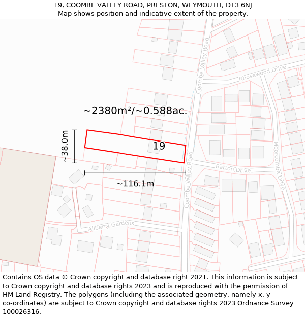 19, COOMBE VALLEY ROAD, PRESTON, WEYMOUTH, DT3 6NJ: Plot and title map