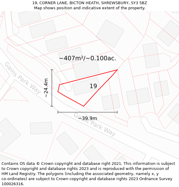 19, CORNER LANE, BICTON HEATH, SHREWSBURY, SY3 5BZ: Plot and title map