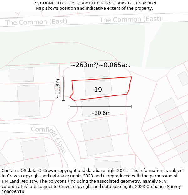 19, CORNFIELD CLOSE, BRADLEY STOKE, BRISTOL, BS32 9DN: Plot and title map