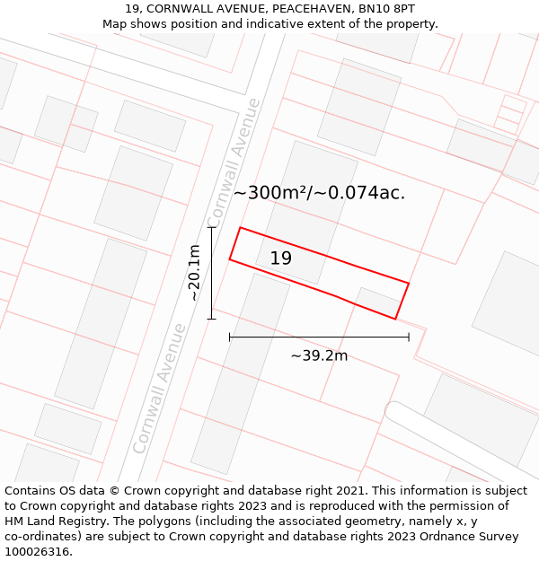 19, CORNWALL AVENUE, PEACEHAVEN, BN10 8PT: Plot and title map