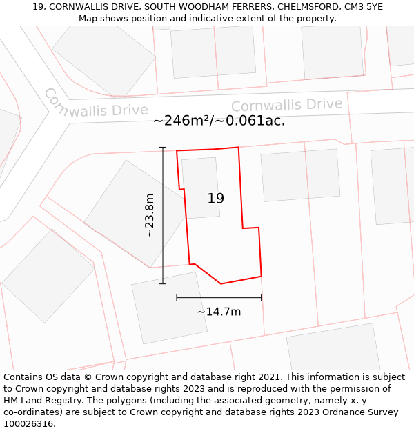 19, CORNWALLIS DRIVE, SOUTH WOODHAM FERRERS, CHELMSFORD, CM3 5YE: Plot and title map