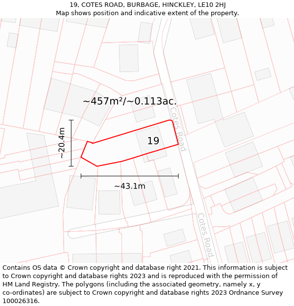 19, COTES ROAD, BURBAGE, HINCKLEY, LE10 2HJ: Plot and title map