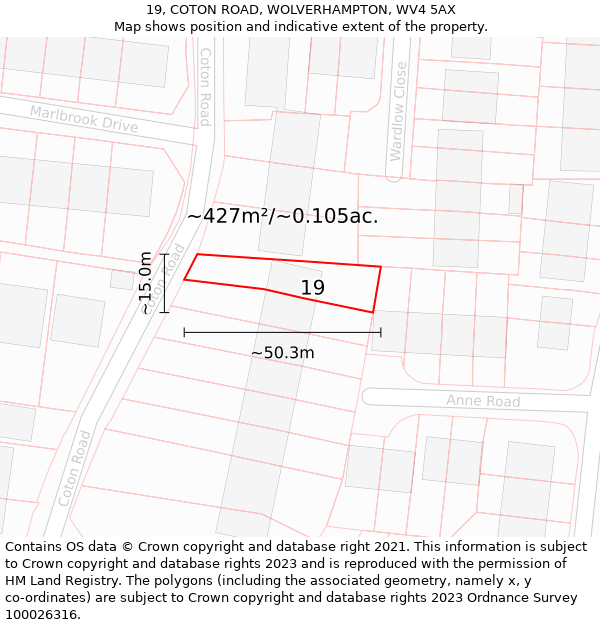 19, COTON ROAD, WOLVERHAMPTON, WV4 5AX: Plot and title map