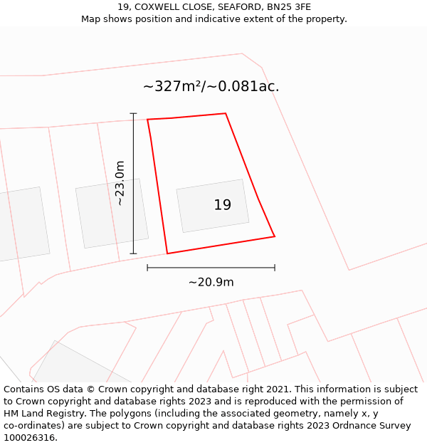 19, COXWELL CLOSE, SEAFORD, BN25 3FE: Plot and title map