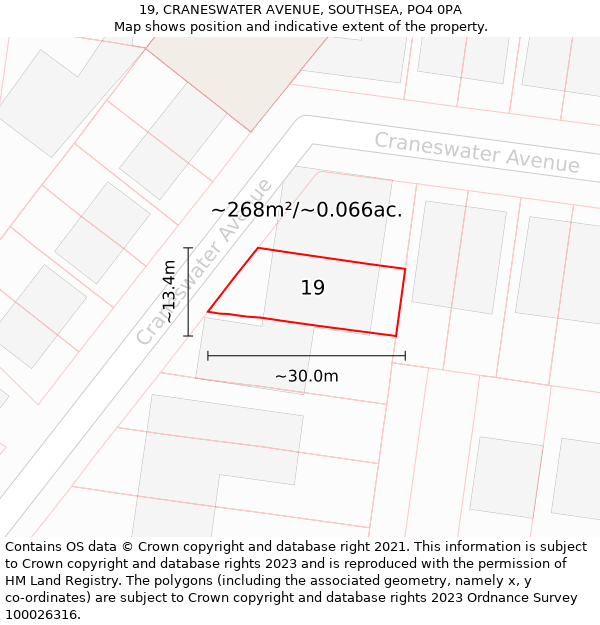 19, CRANESWATER AVENUE, SOUTHSEA, PO4 0PA: Plot and title map