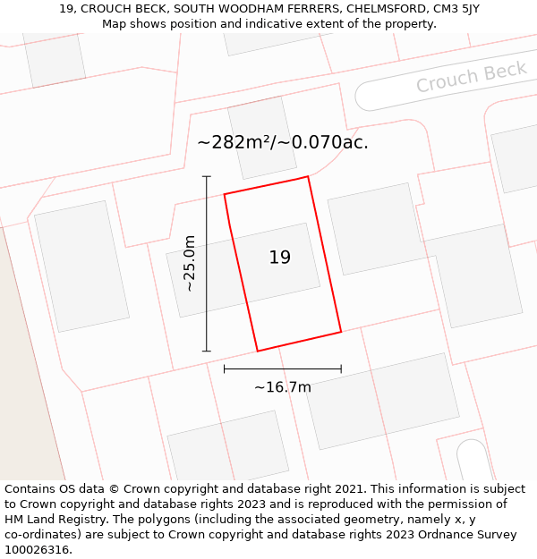 19, CROUCH BECK, SOUTH WOODHAM FERRERS, CHELMSFORD, CM3 5JY: Plot and title map