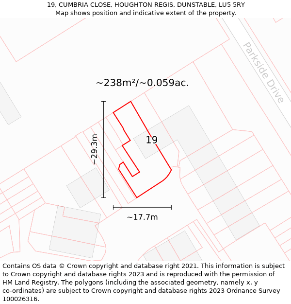 19, CUMBRIA CLOSE, HOUGHTON REGIS, DUNSTABLE, LU5 5RY: Plot and title map