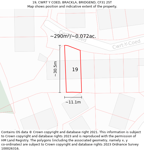 19, CWRT Y COED, BRACKLA, BRIDGEND, CF31 2ST: Plot and title map