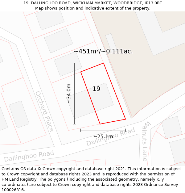 19, DALLINGHOO ROAD, WICKHAM MARKET, WOODBRIDGE, IP13 0RT: Plot and title map