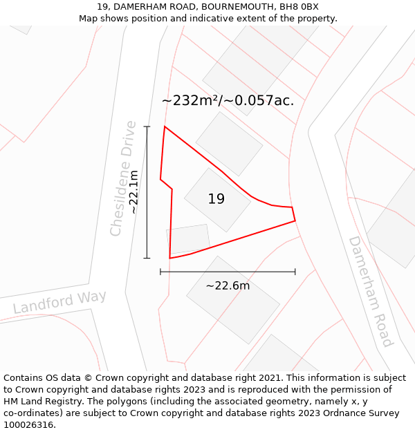 19, DAMERHAM ROAD, BOURNEMOUTH, BH8 0BX: Plot and title map