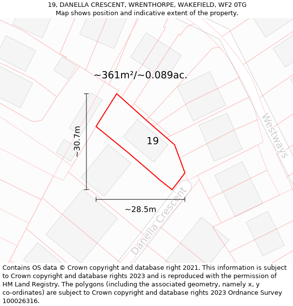 19, DANELLA CRESCENT, WRENTHORPE, WAKEFIELD, WF2 0TG: Plot and title map
