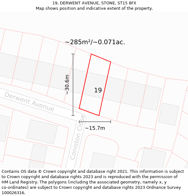 19, DERWENT AVENUE, STONE, ST15 8FX: Plot and title map