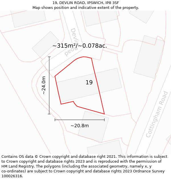 19, DEVLIN ROAD, IPSWICH, IP8 3SF: Plot and title map