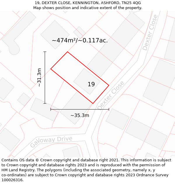 19, DEXTER CLOSE, KENNINGTON, ASHFORD, TN25 4QG: Plot and title map