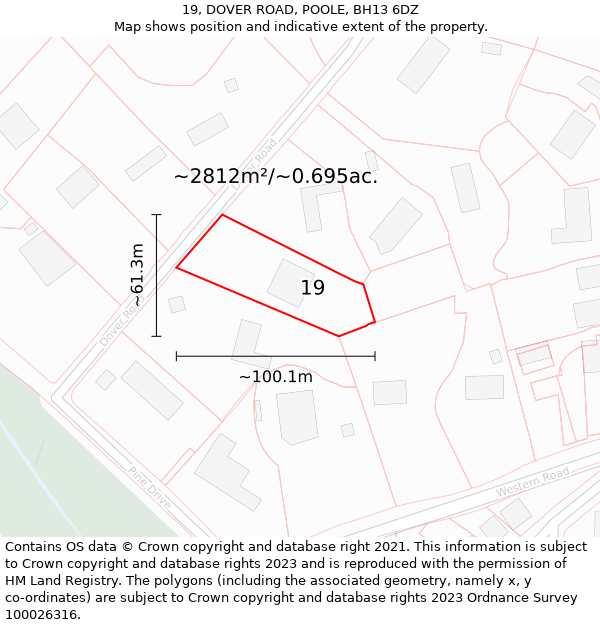 19, DOVER ROAD, POOLE, BH13 6DZ: Plot and title map