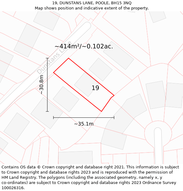 19, DUNSTANS LANE, POOLE, BH15 3NQ: Plot and title map