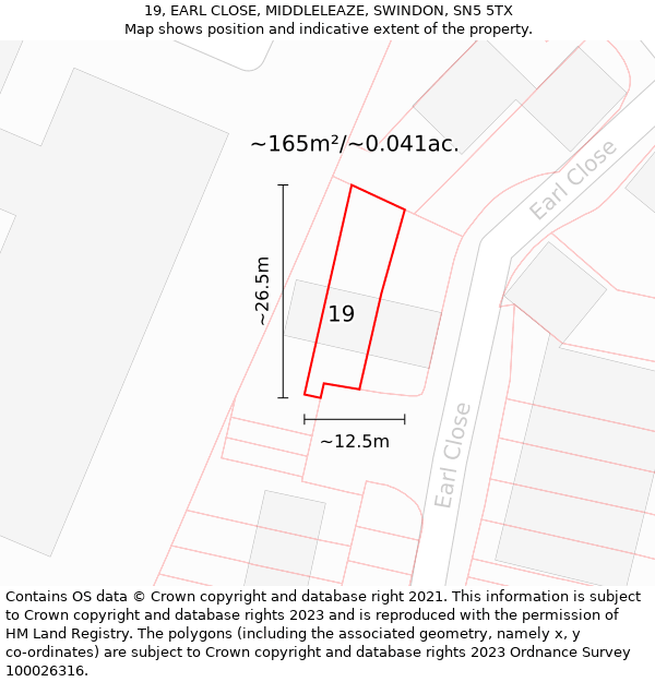 19, EARL CLOSE, MIDDLELEAZE, SWINDON, SN5 5TX: Plot and title map