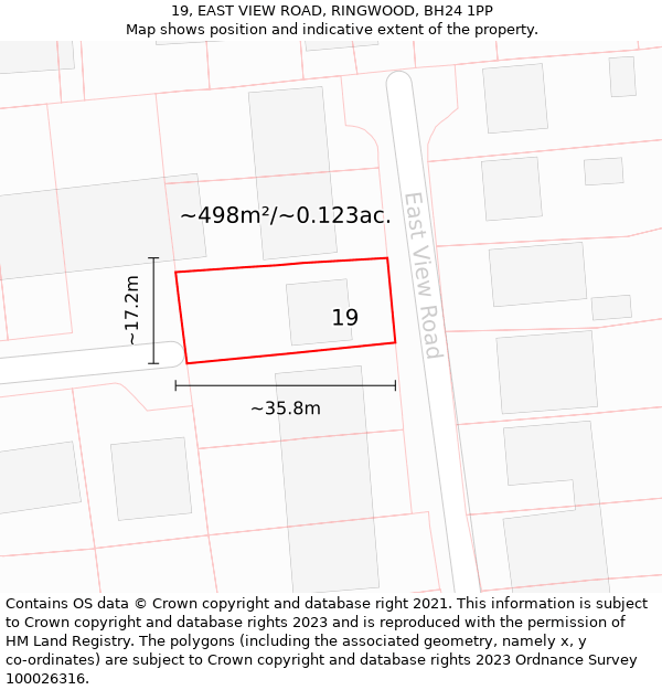 19, EAST VIEW ROAD, RINGWOOD, BH24 1PP: Plot and title map