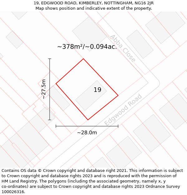 19, EDGWOOD ROAD, KIMBERLEY, NOTTINGHAM, NG16 2JR: Plot and title map