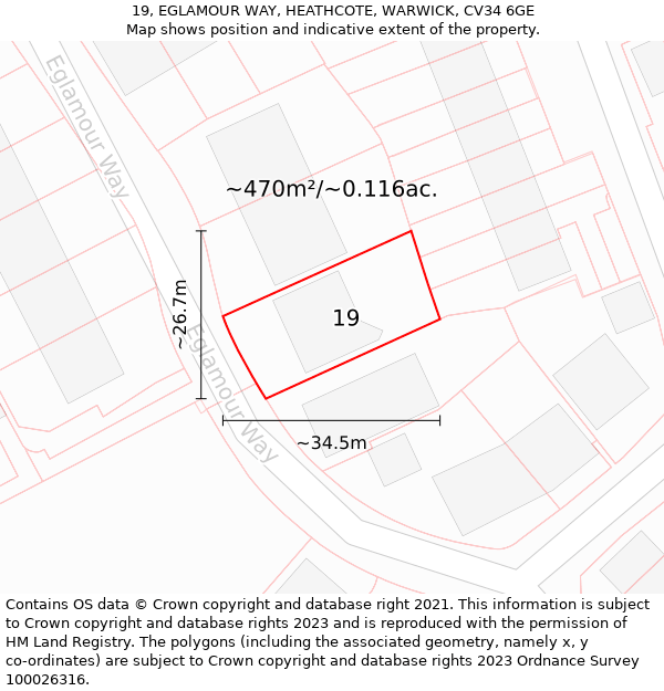 19, EGLAMOUR WAY, HEATHCOTE, WARWICK, CV34 6GE: Plot and title map