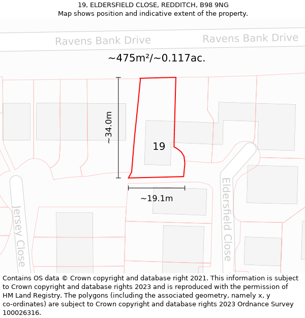 19, ELDERSFIELD CLOSE, REDDITCH, B98 9NG: Plot and title map