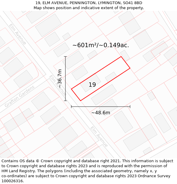 19, ELM AVENUE, PENNINGTON, LYMINGTON, SO41 8BD: Plot and title map