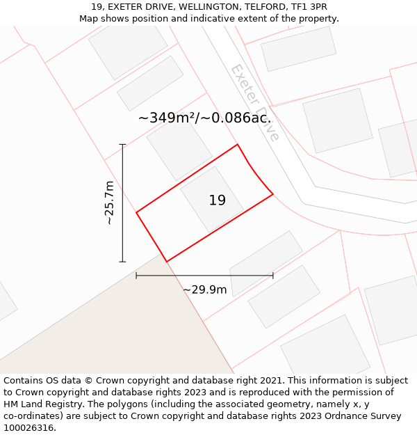 19, EXETER DRIVE, WELLINGTON, TELFORD, TF1 3PR: Plot and title map