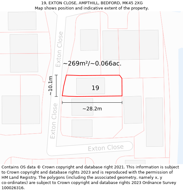 19, EXTON CLOSE, AMPTHILL, BEDFORD, MK45 2XG: Plot and title map