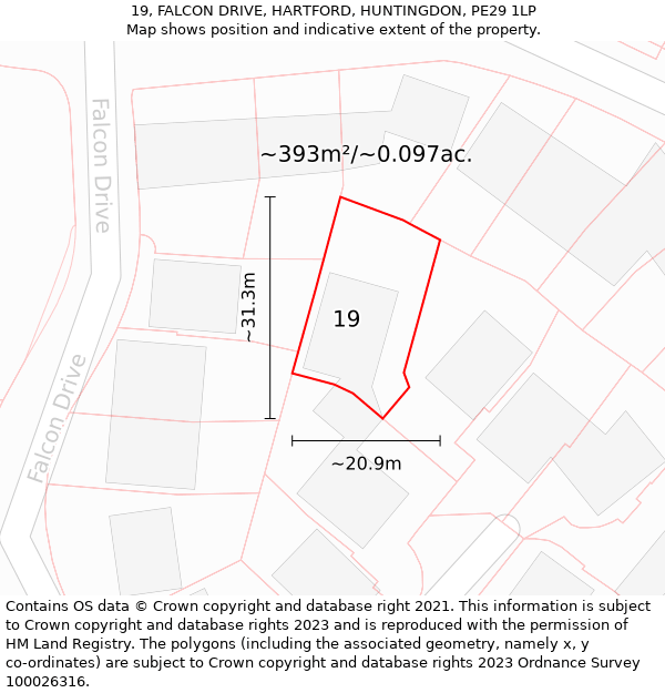 19, FALCON DRIVE, HARTFORD, HUNTINGDON, PE29 1LP: Plot and title map