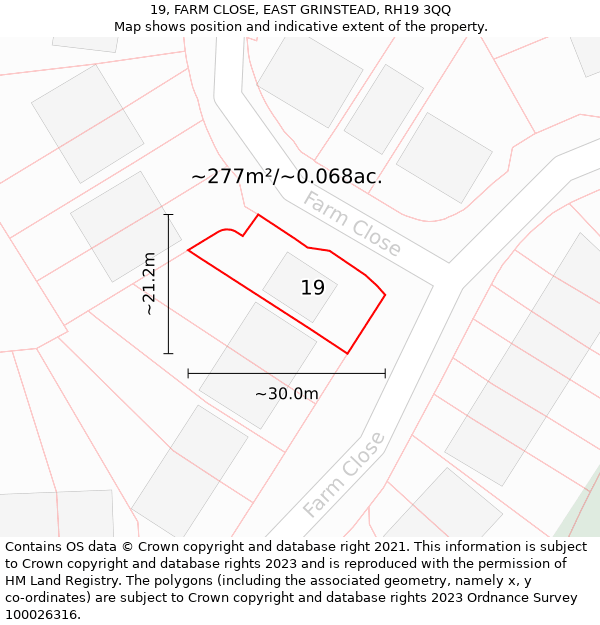 19, FARM CLOSE, EAST GRINSTEAD, RH19 3QQ: Plot and title map